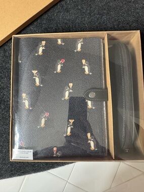 Coach Black Penguin Print Leather Notebook with Zipper Pouch